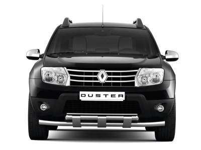 Защита переднего бампера двойная с пластинами Ø63/63 мм (НПС) на Renault DUSTER c 2012